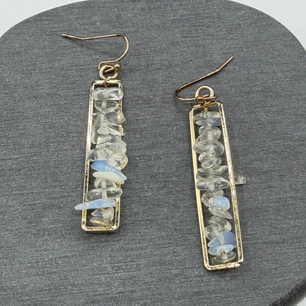 Gold Tone Clear Crystal Iridescent Chip Bar Drop Earrings Boho Statement Gift